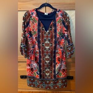Pink Owl Apparel Boho Print Shift Dress Size Small Red Navy 3/4 Sleeve